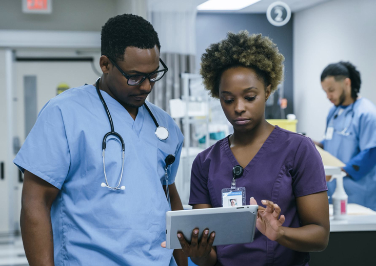 nurses reviewing chart on tablet beside nurses station